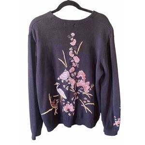 Womens Large Sweater Vintage Granny Floral Black Knit Cardigan Casual Office